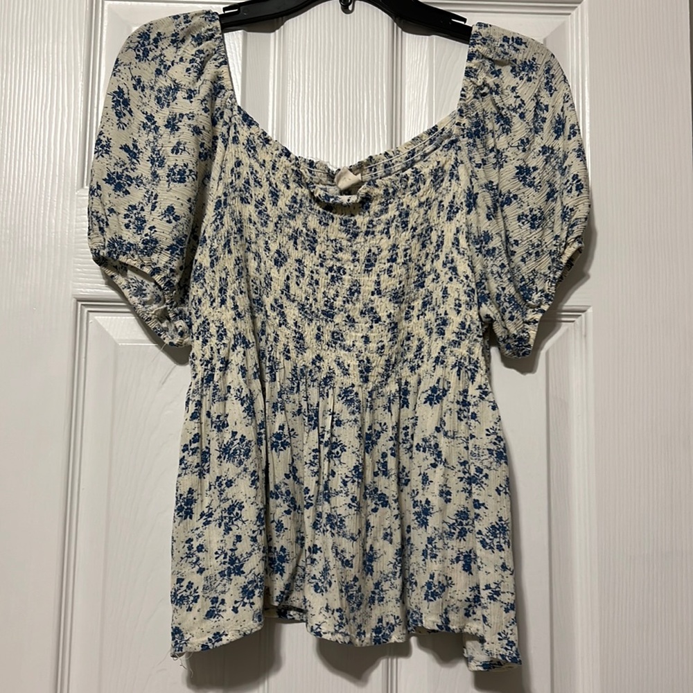 Blue and white over the shoulder top